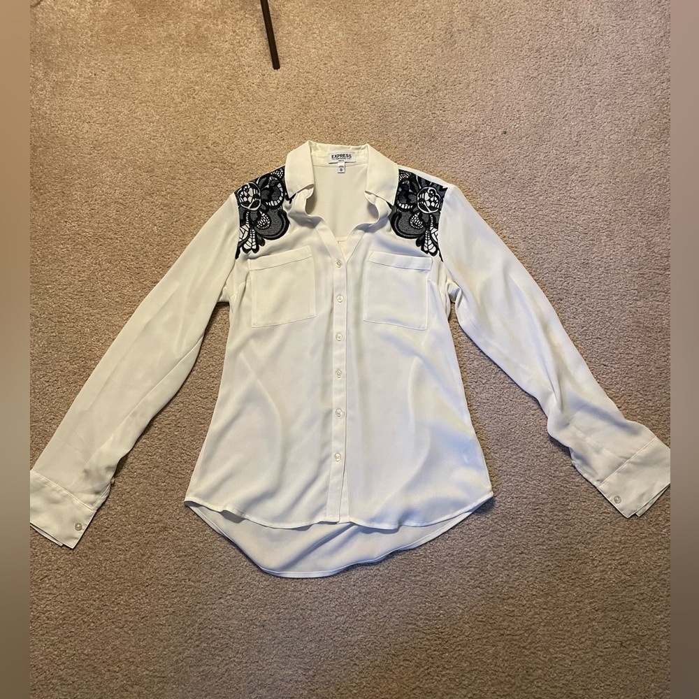 Express The Portofino Shirt, White w/ black lace. Sleeves roll to 3/4 w/ buttons